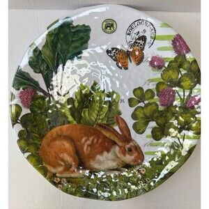 Michel Design Works Pair Large Round Platter Melamone Rabbit Garden Scene